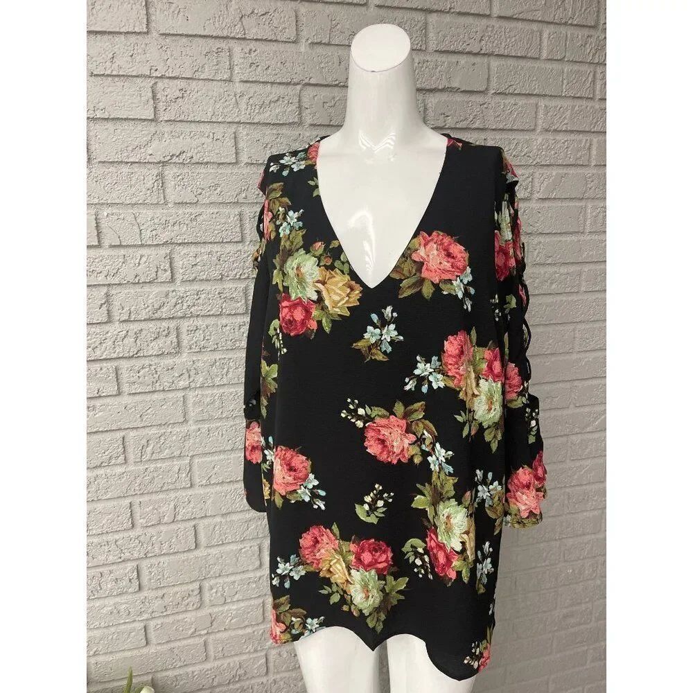 Rags To Wishes Women Black Floral 3/4 Ruffle Sleeve Blouse Size 2X